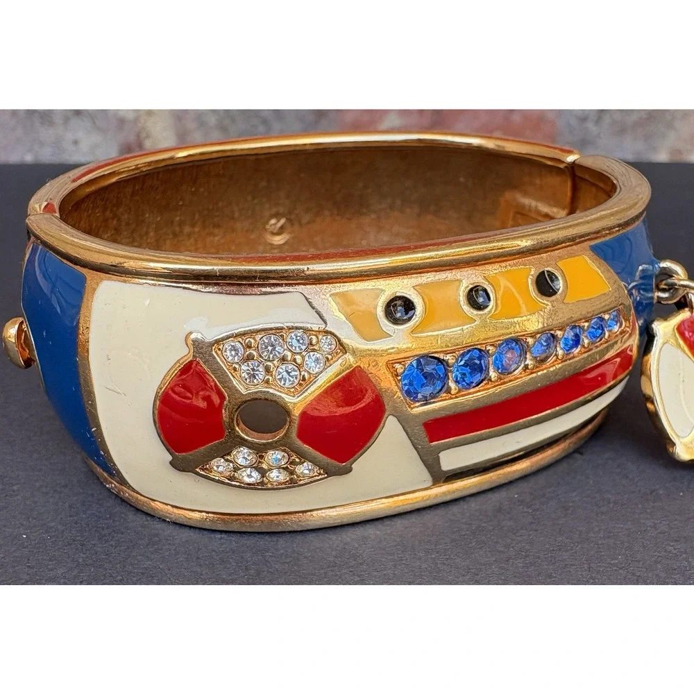 Swarovski Crystal Bracelet Wide Hinged Gold Tone Enamel Charm Cuff Nautical‎ - Picture 3 of 10